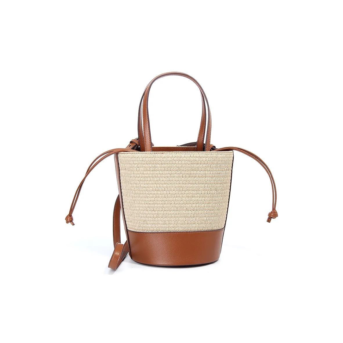YOCAMU Cow Leather With Straw Woven One Shoulder Handbag Women's Brown
