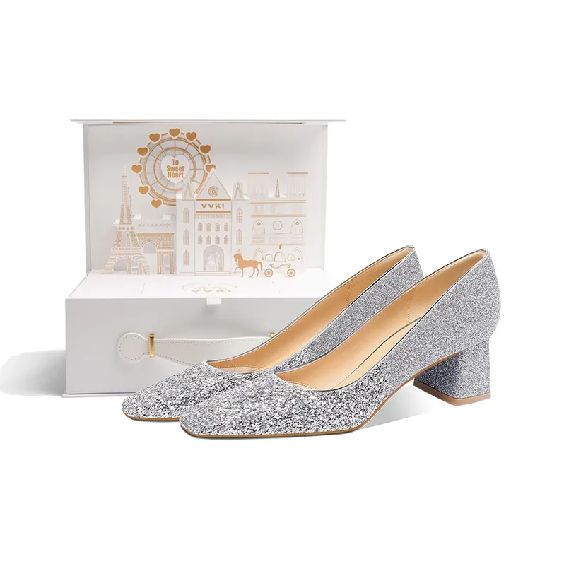 VVKI Грубый каблук Высокие каблуки Женские Серебряные Коробка