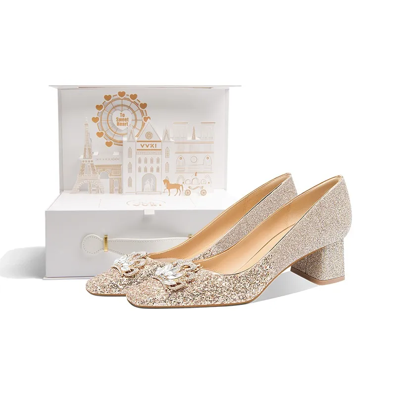 VVKI Сверкающий горный хрусталь Crown грубый каблук высокие каблуки женский шампанское золото