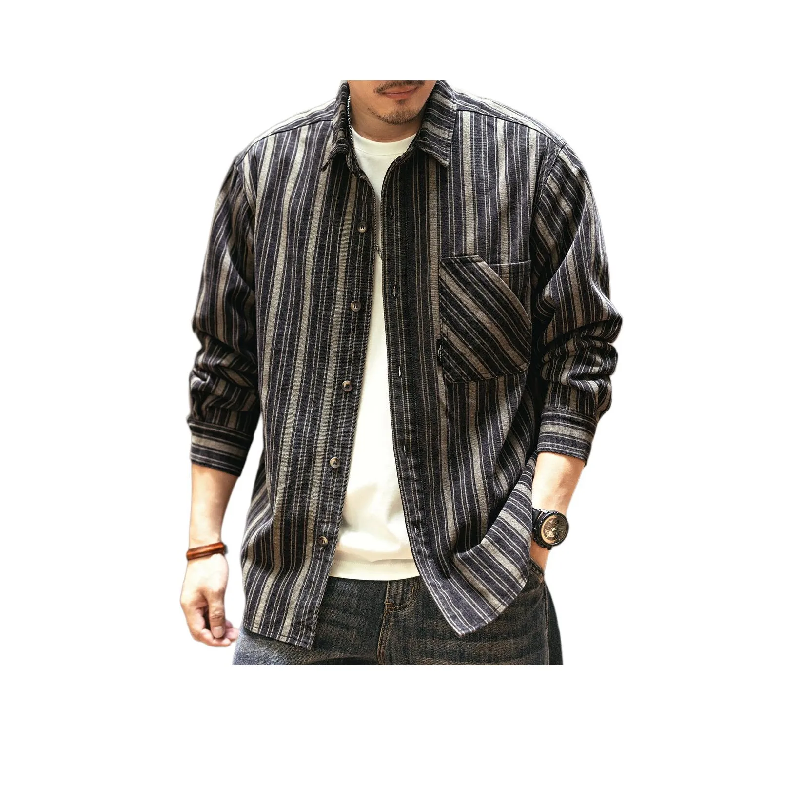 GELANLU Рубашка Унисекс Черный Серый Полосы