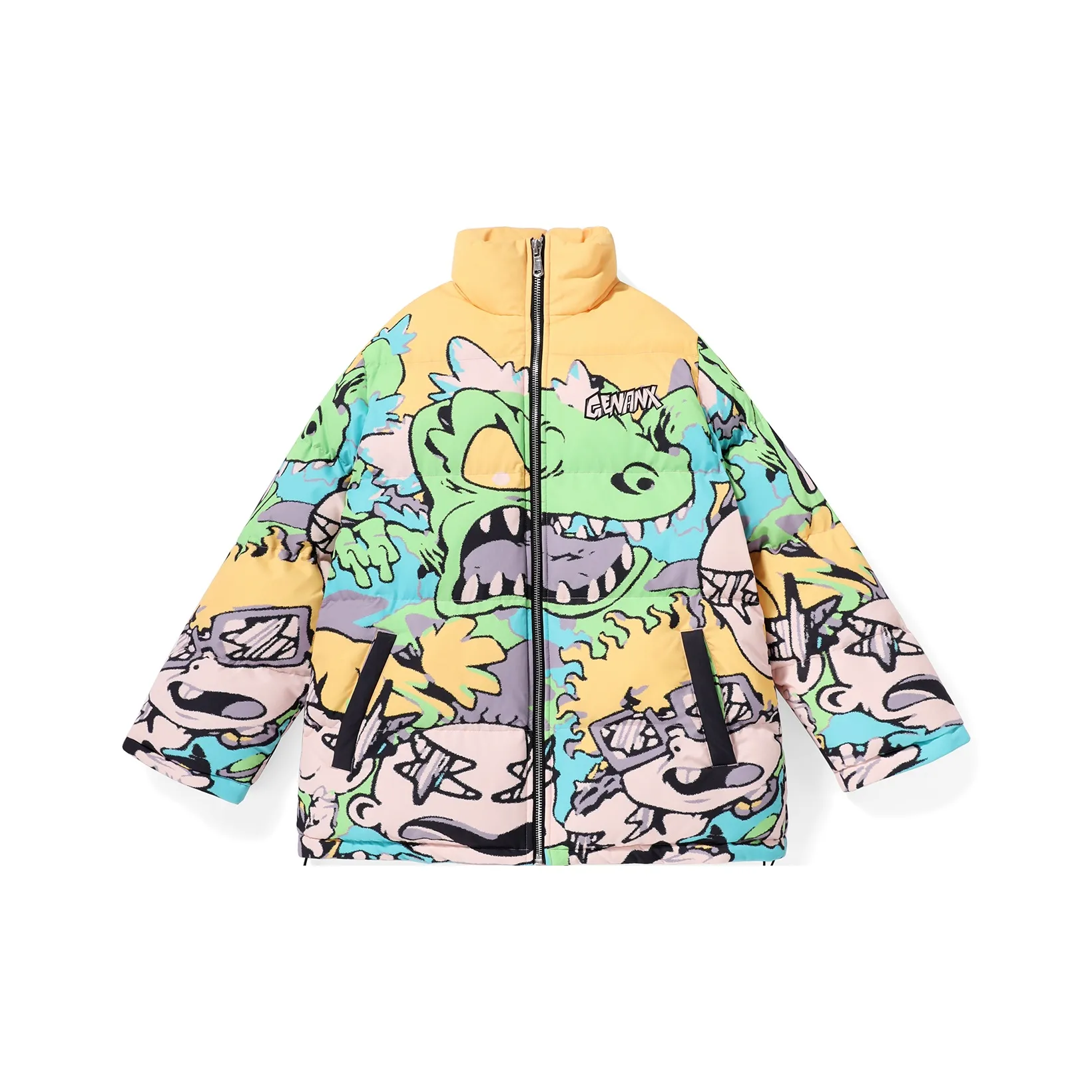 GENANX Cartoon Stand Collar Loose Fit Puffer Jacket Unisex Yellow Green