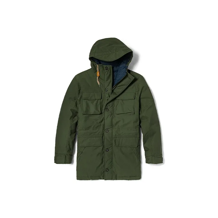 Timberland Solid Color Geometric Pattern Hooded Thickened Mid Length Down Jacket Men's Green
