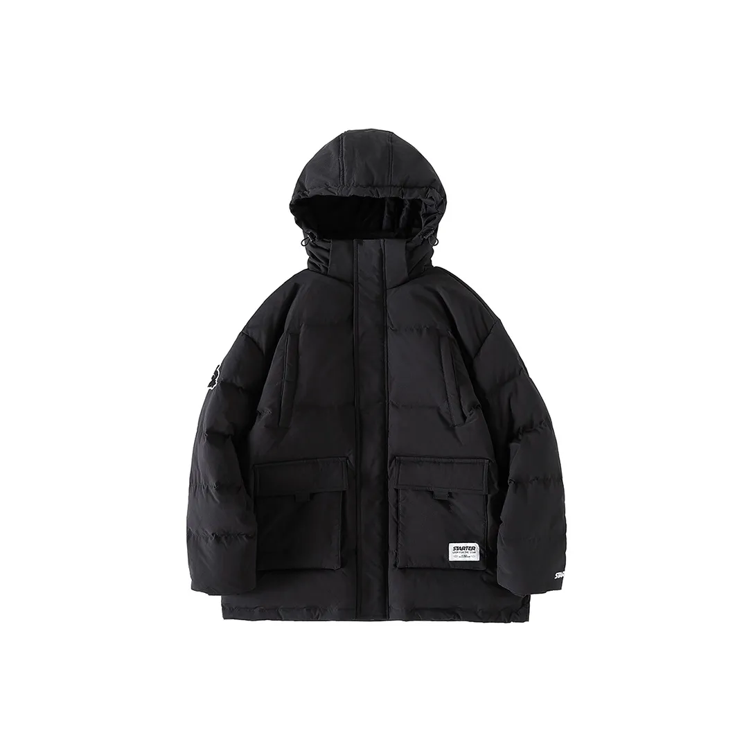 STARTER Letter Solid Color Hooded Loose Fit Down Jacket Unisex Black