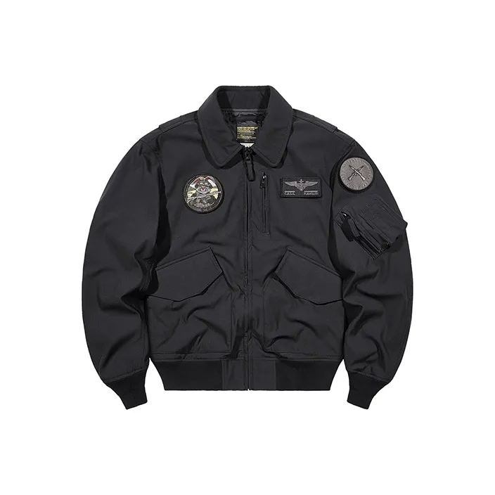 VIP Hook and Loop Embroidered Badge Workwear Lapel Coat Pilot Jacket Unisex Black