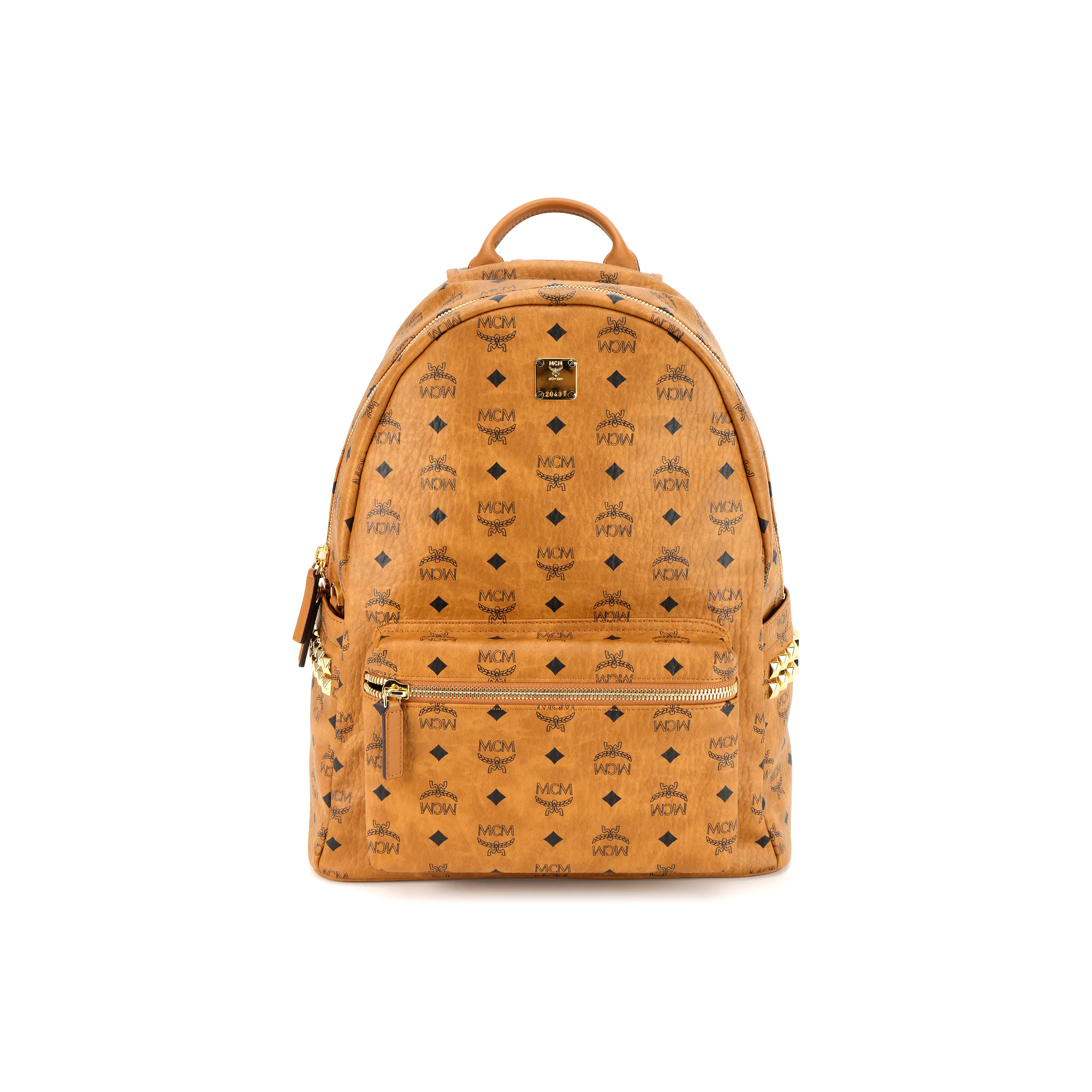 MCM Stark Visetos Nappa Leather Trim Backpack Medium Size Unisex Brown Cognac