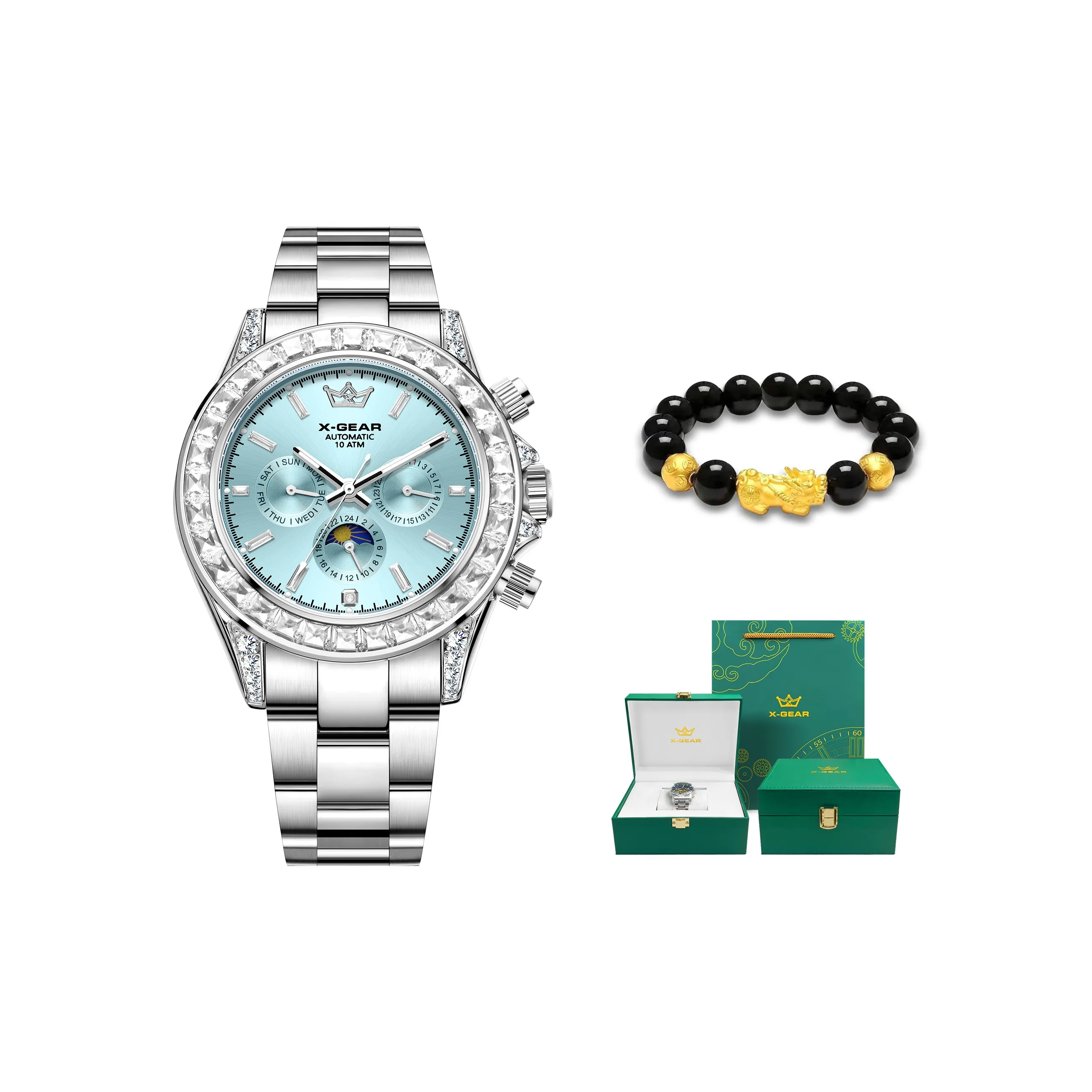 X Шестерня Автоматический Механический Механизм Нержавеющая Сталь Ремешок Часы Мужские Часы Синий Циферблат