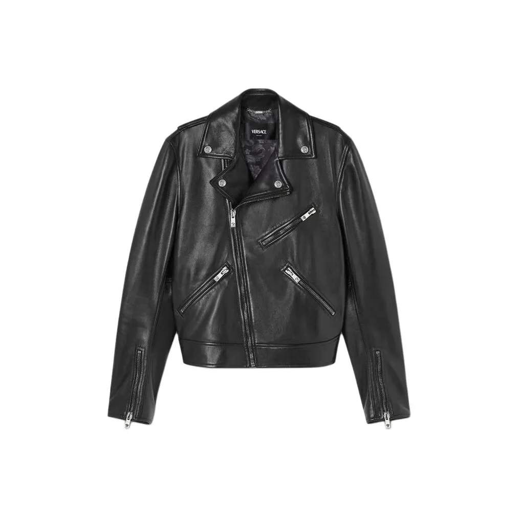 VERSACE Zip Up Leather Biker Jacket