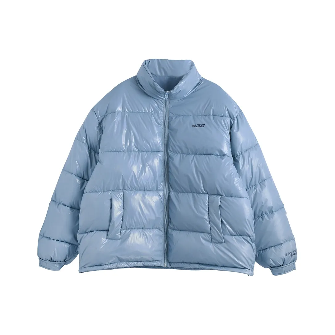 F426 Letter Solid Color Shiny Stand Collar Loose Fit Puffer Jacket Unisex