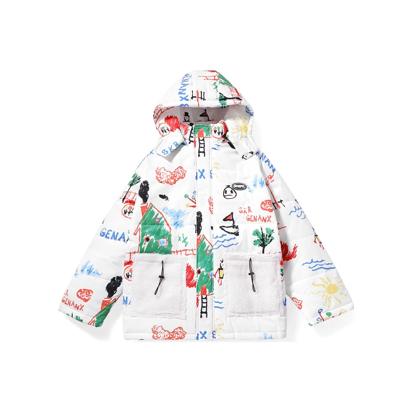 GENANX Cartoon Detachable Hood Loose Fit Puffer Jacket Unisex White