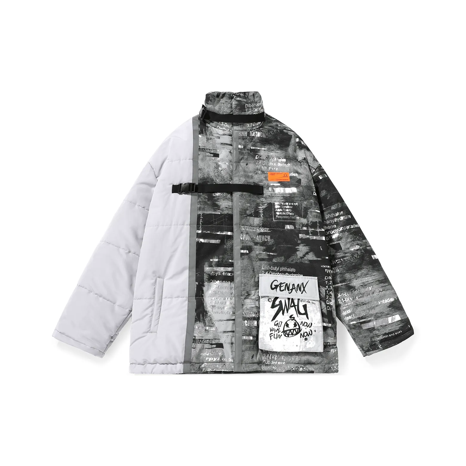 GENANX Letter Stand Collar Loose Fit Puffer Jacket Unisex Gray