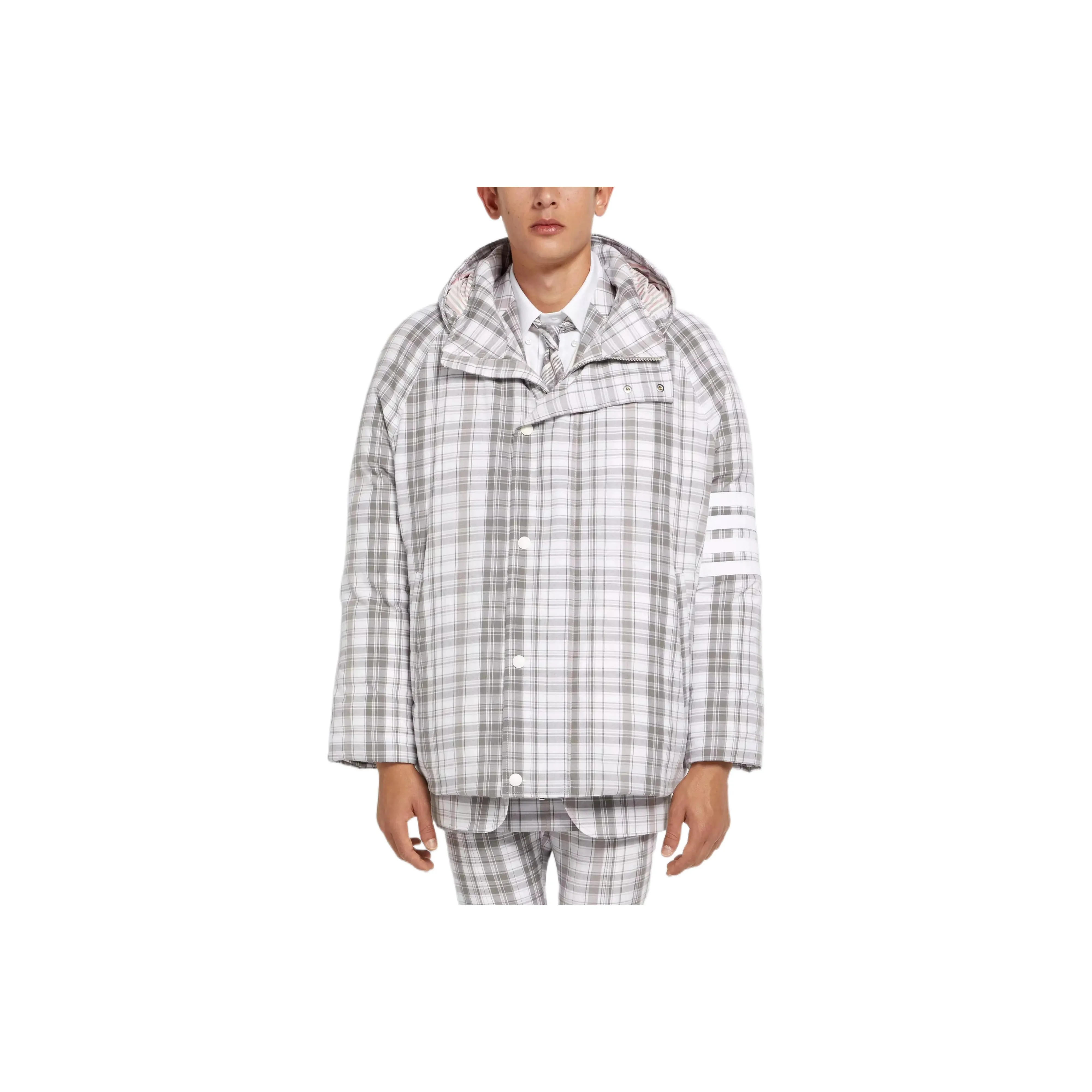 THOM BROWNE SS22 Plaid Stripes Hooded Cropped Down Jacket Men's Gray