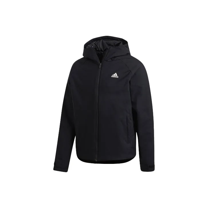 Adidas Solid Color Brand Logo Hooded Puffer Jacket Men's Black