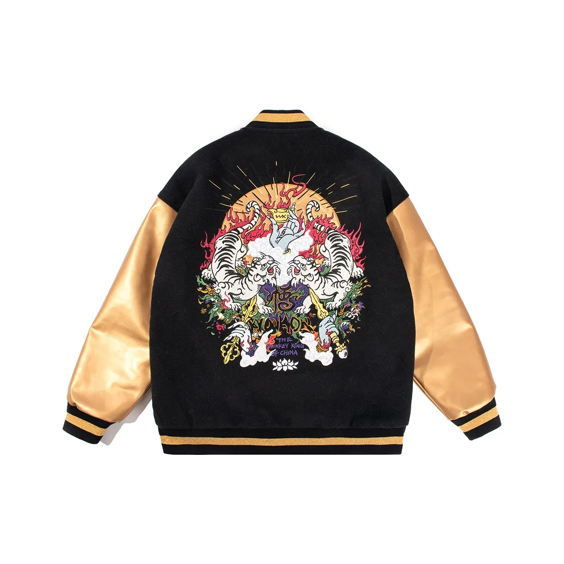 WOOKONG Животные MOTIF Цвет BLOCKS Бейсбольный воротник Свободный крой Пуховая куртка Унисекс Черный Золотой Цветовой блок