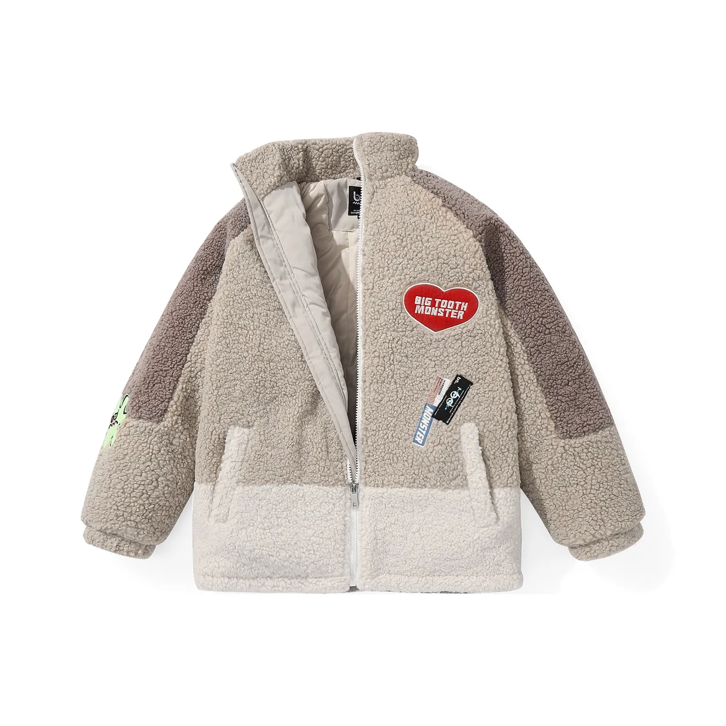 Bt Letter Colorblock Geometric Pattern Stand Collar Loose Fit Puffer Jacket Unisex Khaki