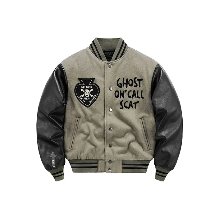 VIP Patchwork Leather Sleeves Wool Baseball Jacket Fleece Lined Puffer Jacket Unisex Black Gray Color