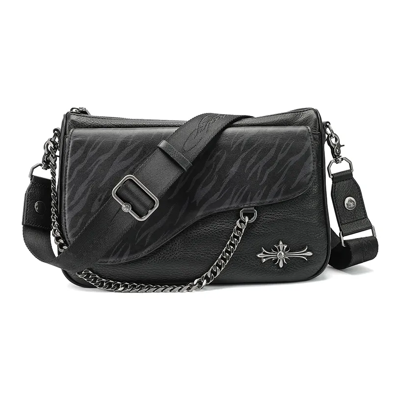 Ed Hardy Ed Hardy Classic Series Top Grain Cow Leather Messenger Bag, Crossbody Bag Small Size Unisex Black
