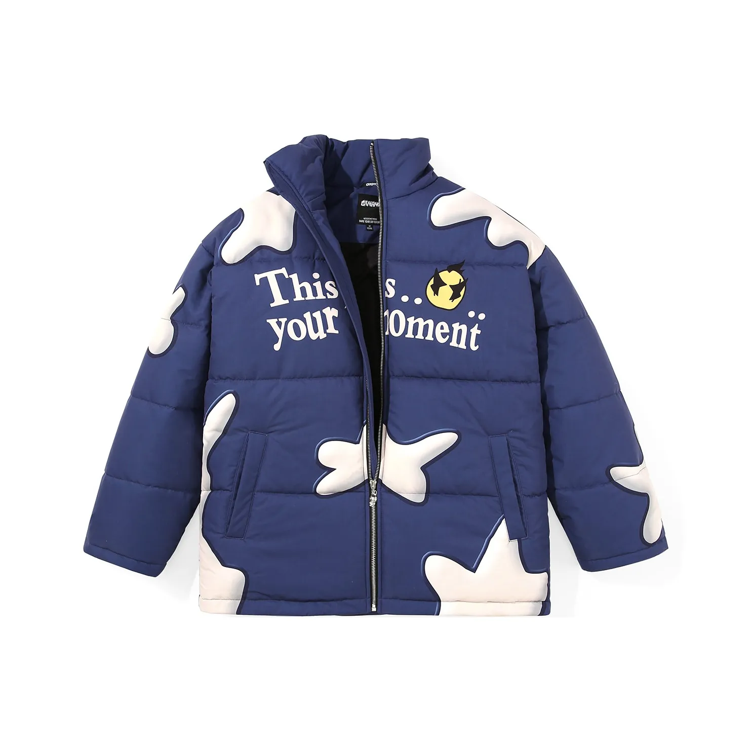 GENANX Letter Stand Collar Loose Fit Puffer Jacket Unisex Navy Blue
