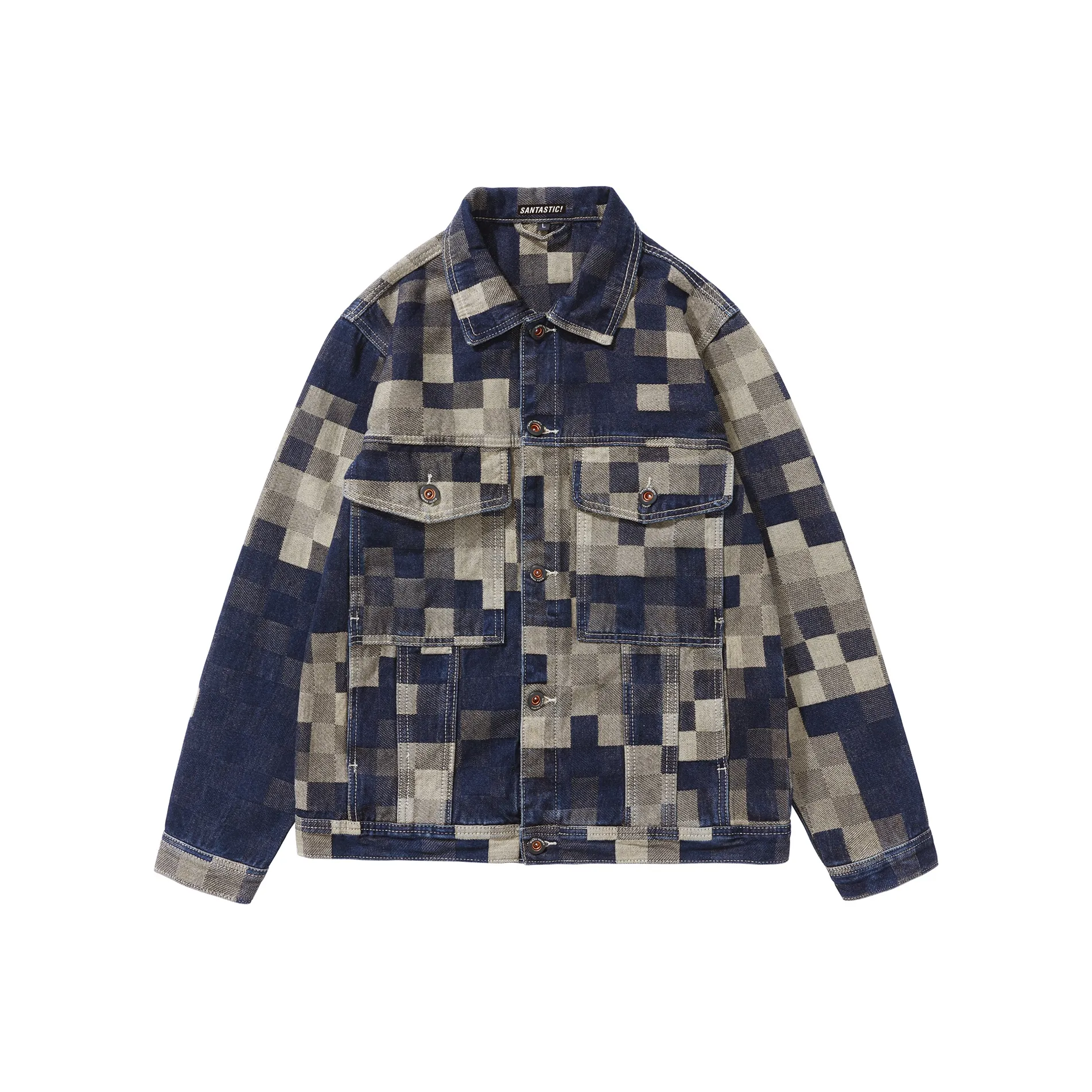 SANTASTIC Denim Jacket Men's Fashion Plaid Blue