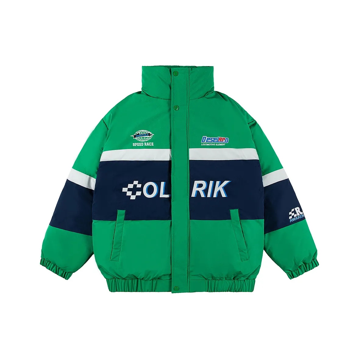 OLRIK Letter Stripes Stand Collar Loose Fit Thickened Puffer Jacket Unisex