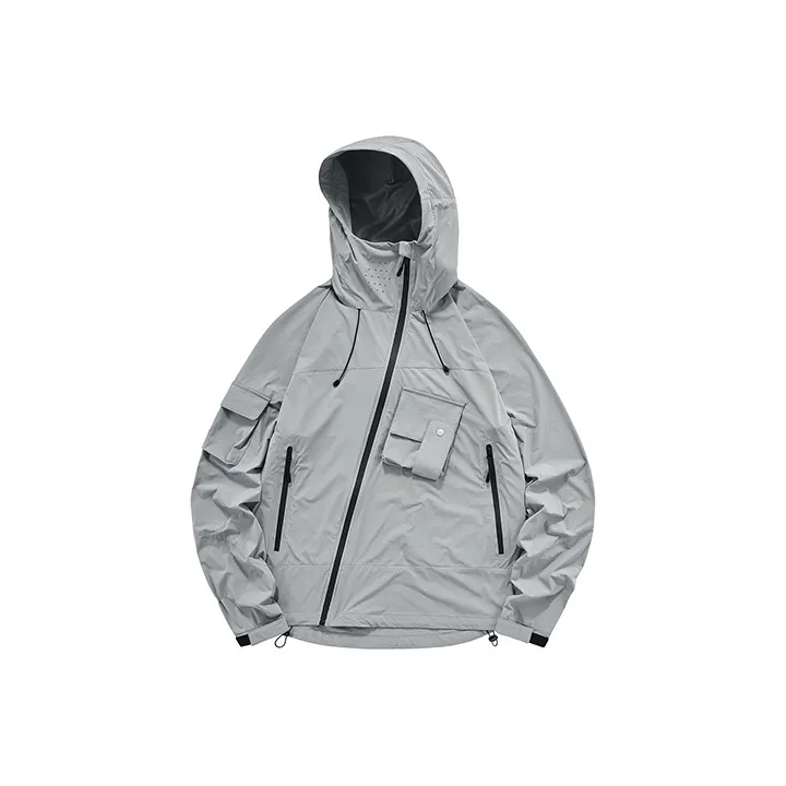 VIP Multi Pocket Solid Color Zip Closure Hooded Sun Protection Clothing Unisex Gray