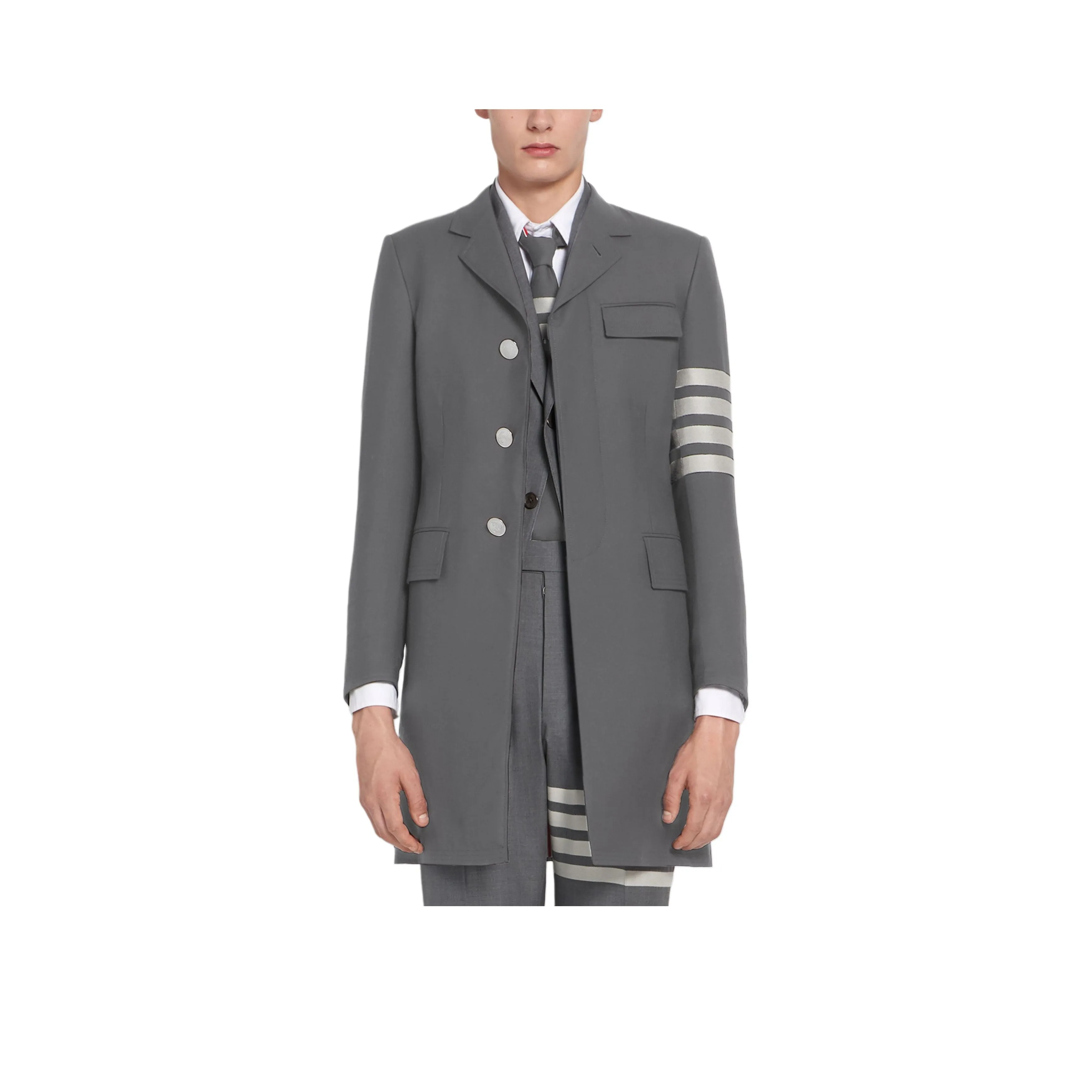 THOM BROWNE· Medium Grey Plain Weave Suiting High Armhole 4 Bar Overcoat Coats Coat Men's Medium Gray