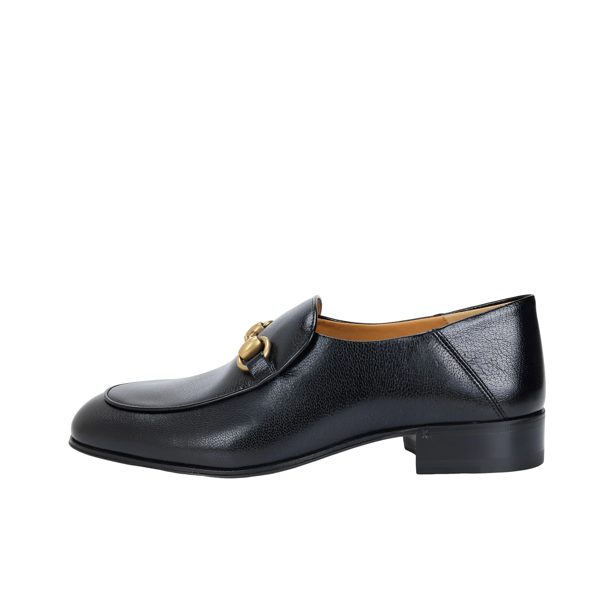 GUCCI Horsebit Slip On Loafer Gold Tone Black Leather Women's
