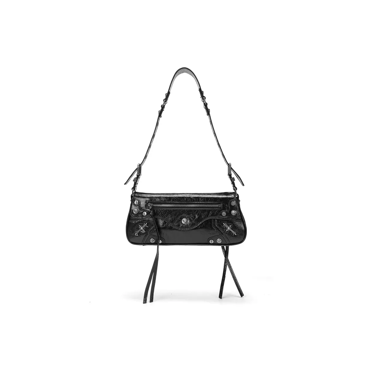 Ed Hardy Classic Series Cow Leather Shoulder Bag, Crossbody Bag Biker Bag Medium Size Women's Black