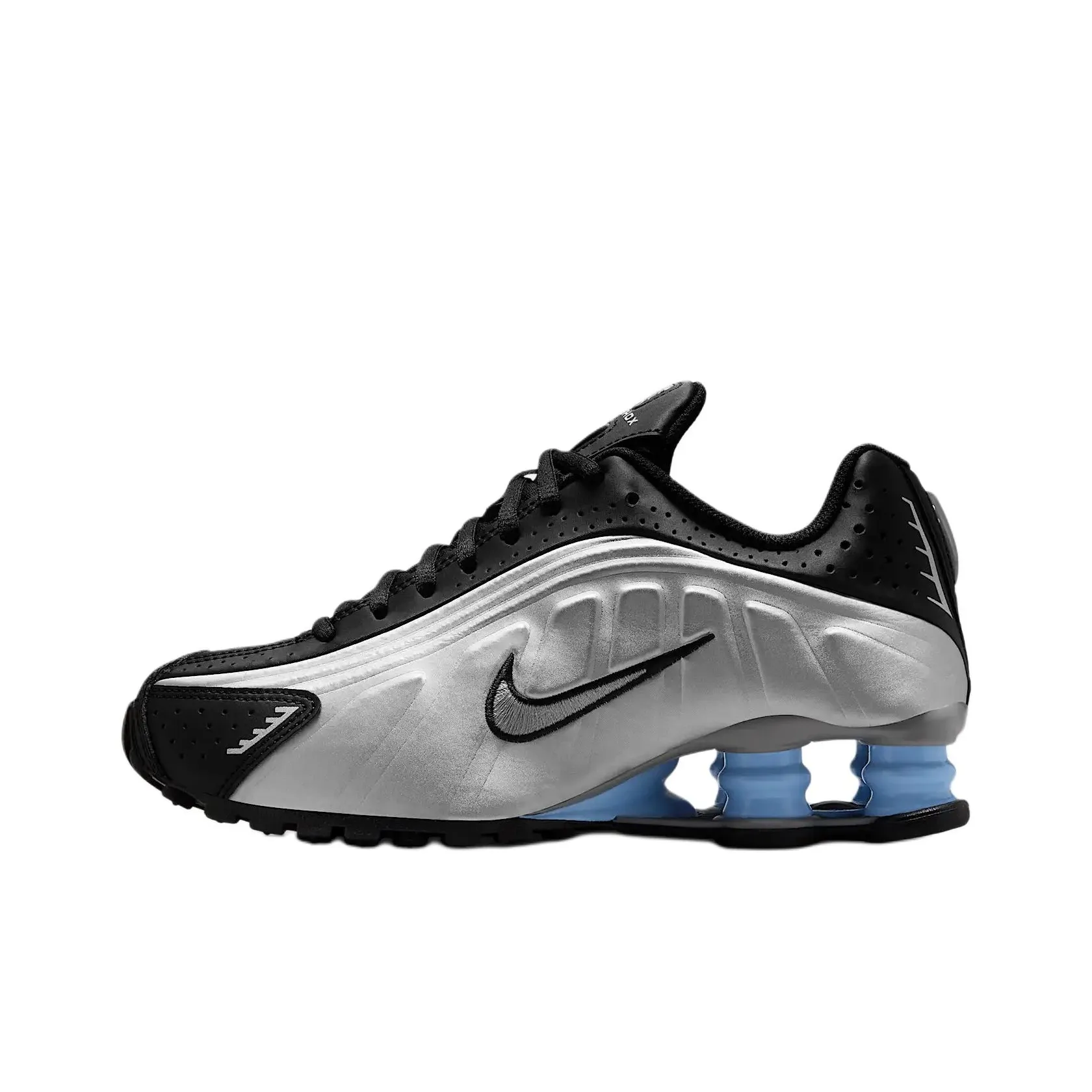 Nike Shox R4 Устойчивые к истиранию Низкие Кроссовки для Беговых Тренировок Детские Металлический Серебристый Черный