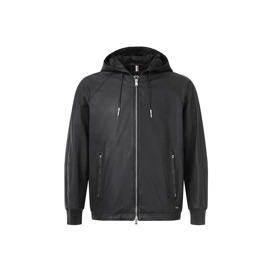 HUGO BOSS Hooded Drawstring Leather Jacket
