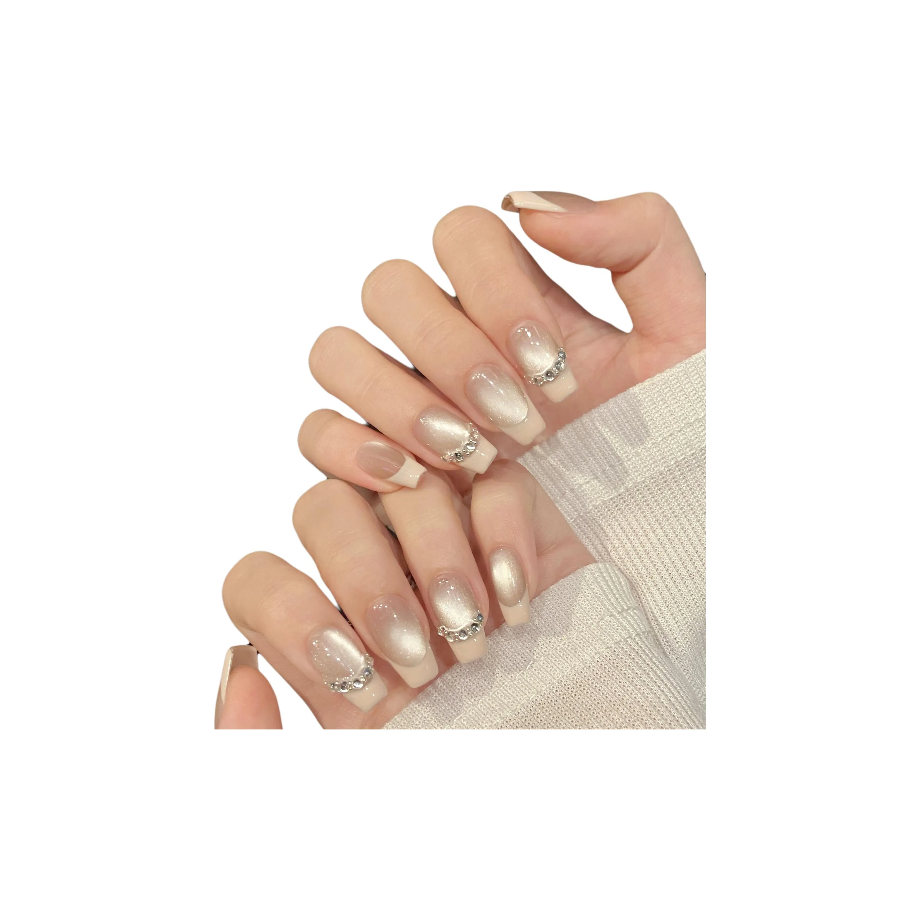 Yun Yue Joe Французский Сверкающий страз Glass Beads Cat Eye False Nail Трапециевидный Телесный Градиентный Coquette 20мм