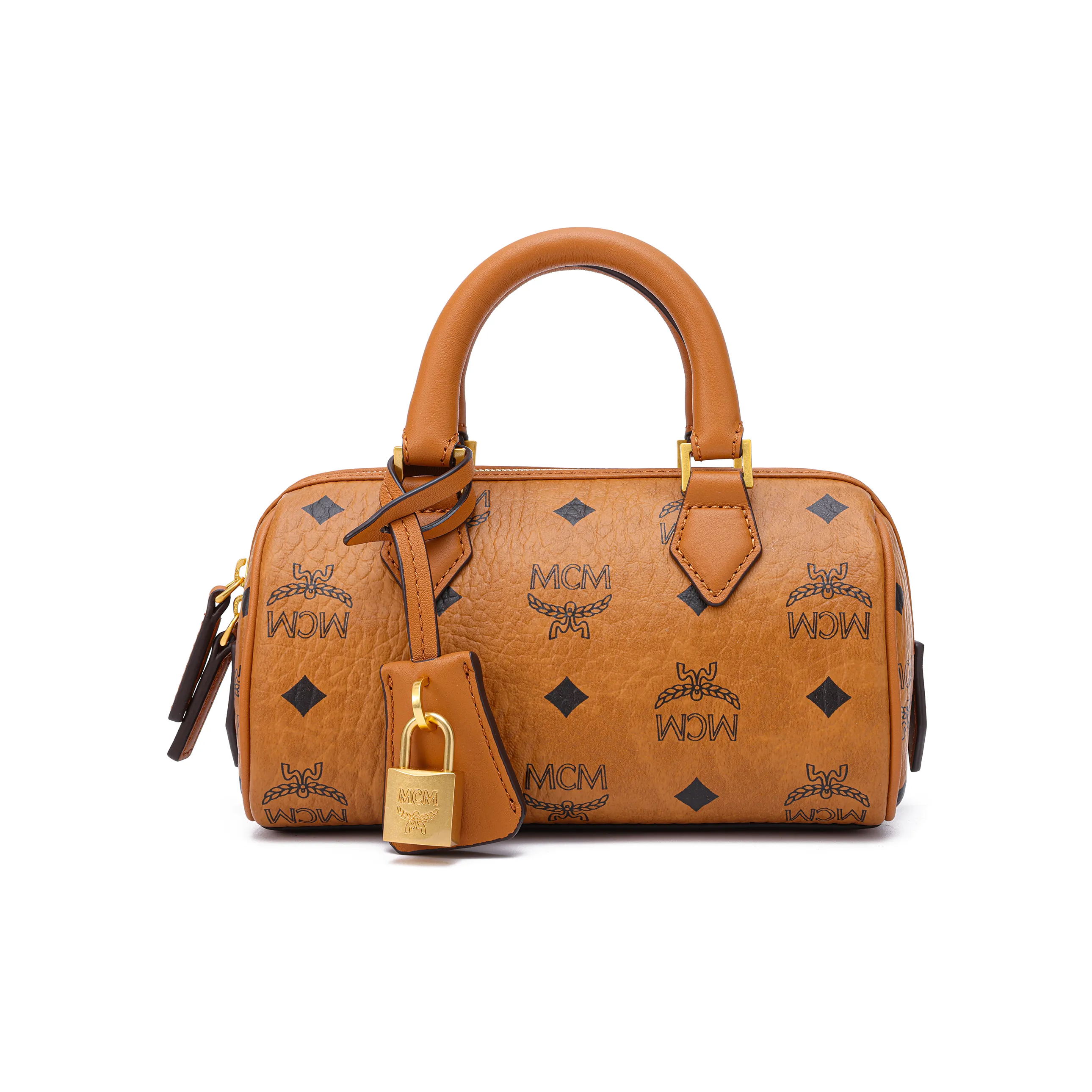 MCM Ella Canvas With Leather Boston Bag, Shoulder Bag, Crossbody Bag, Handbag Mini Women's Brown Cognac