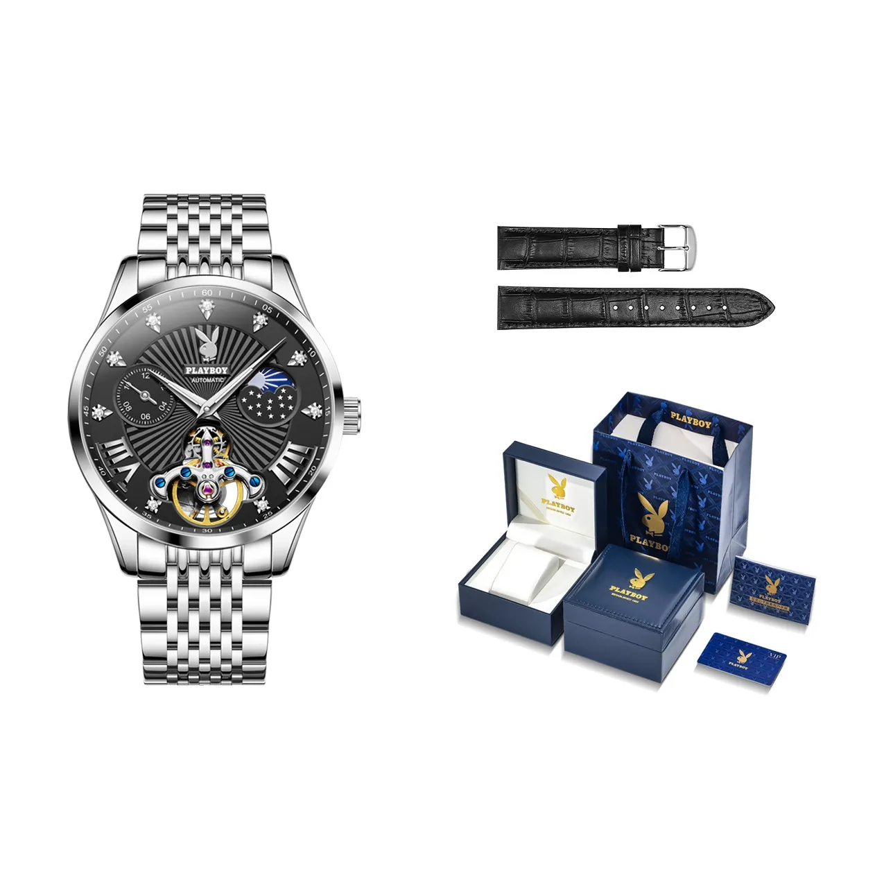 PLAYBOY Collaboration Механический механизм ремешок из нержавеющей стали черный циферблат мужские часы