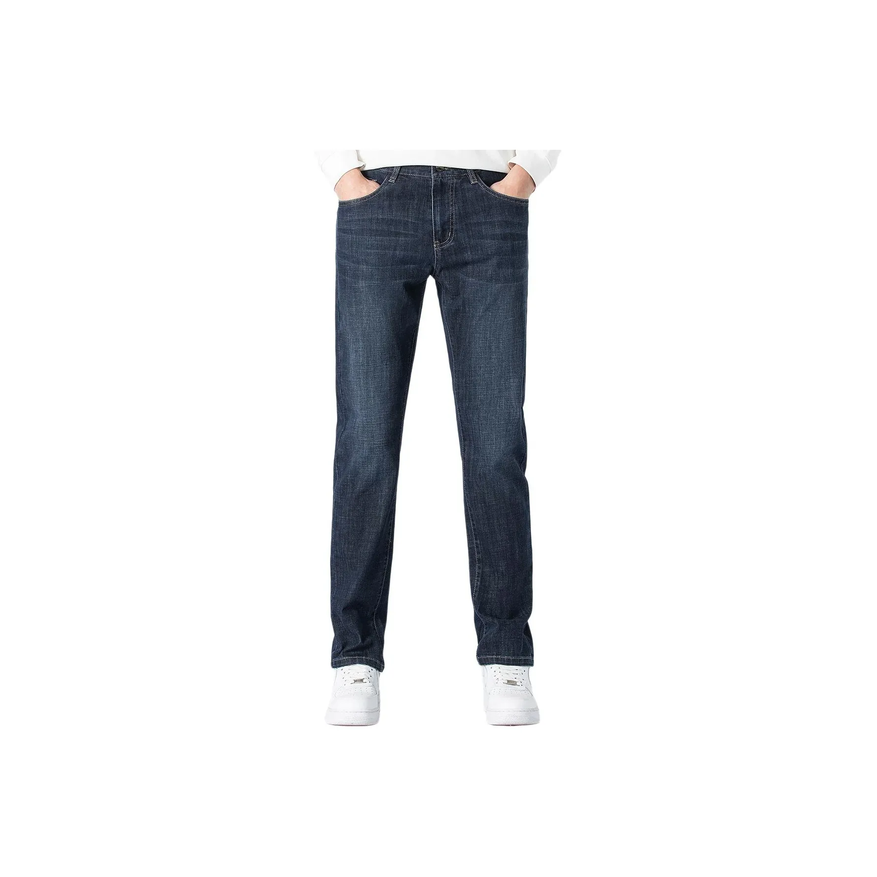 Red Bean Washable Micro Stretch Straight Fit Zip Closure Jeans Men's Dark Blue