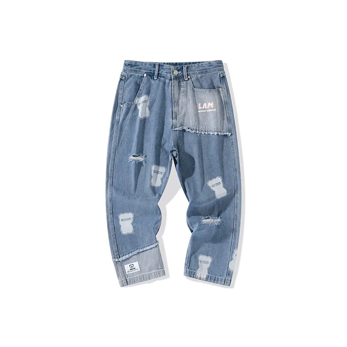 LAMLICKA Ripped Pants Jeans Winter Unisex Blue