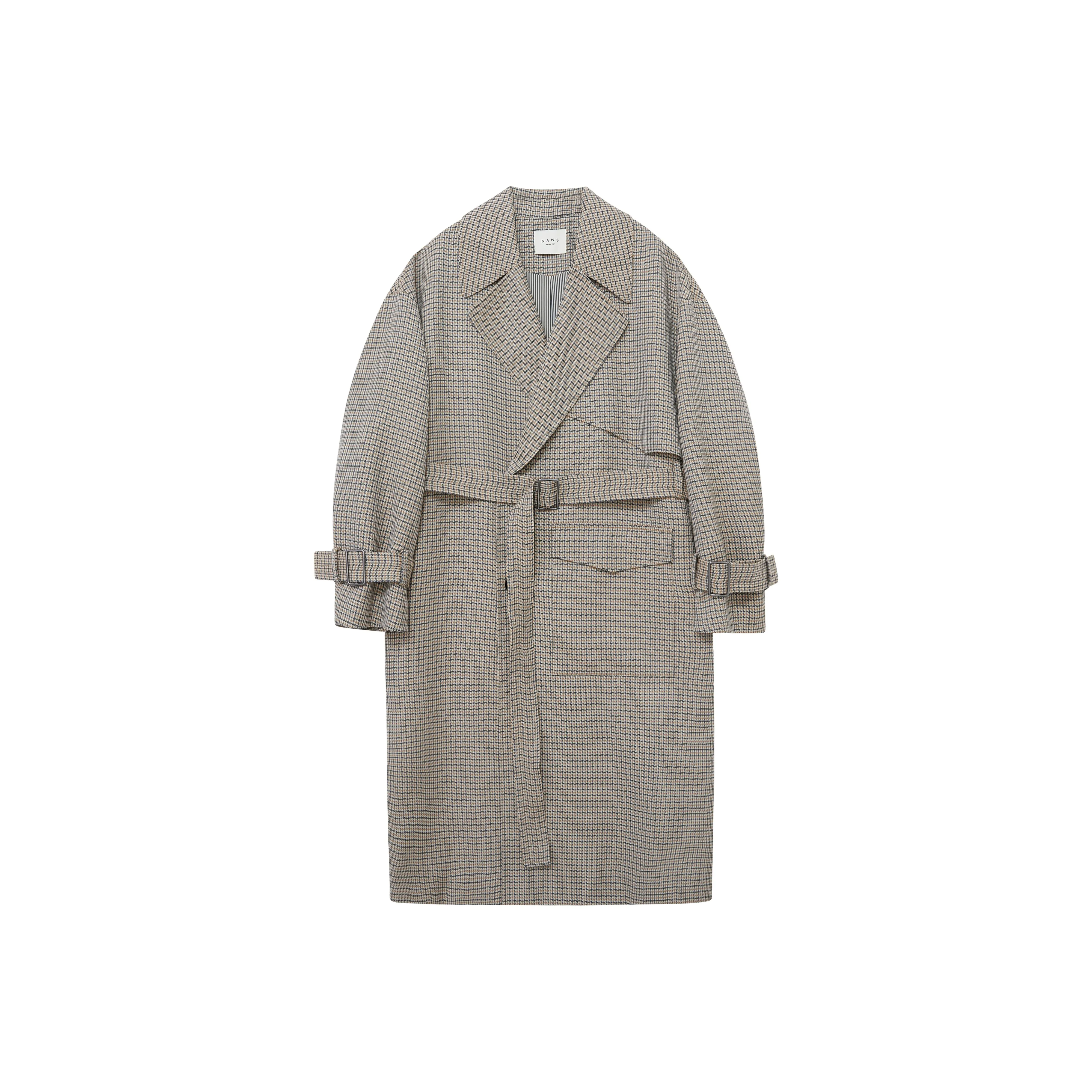 NANS STUDIO Trench Coats Men's Blue Coffee Houndstooth
