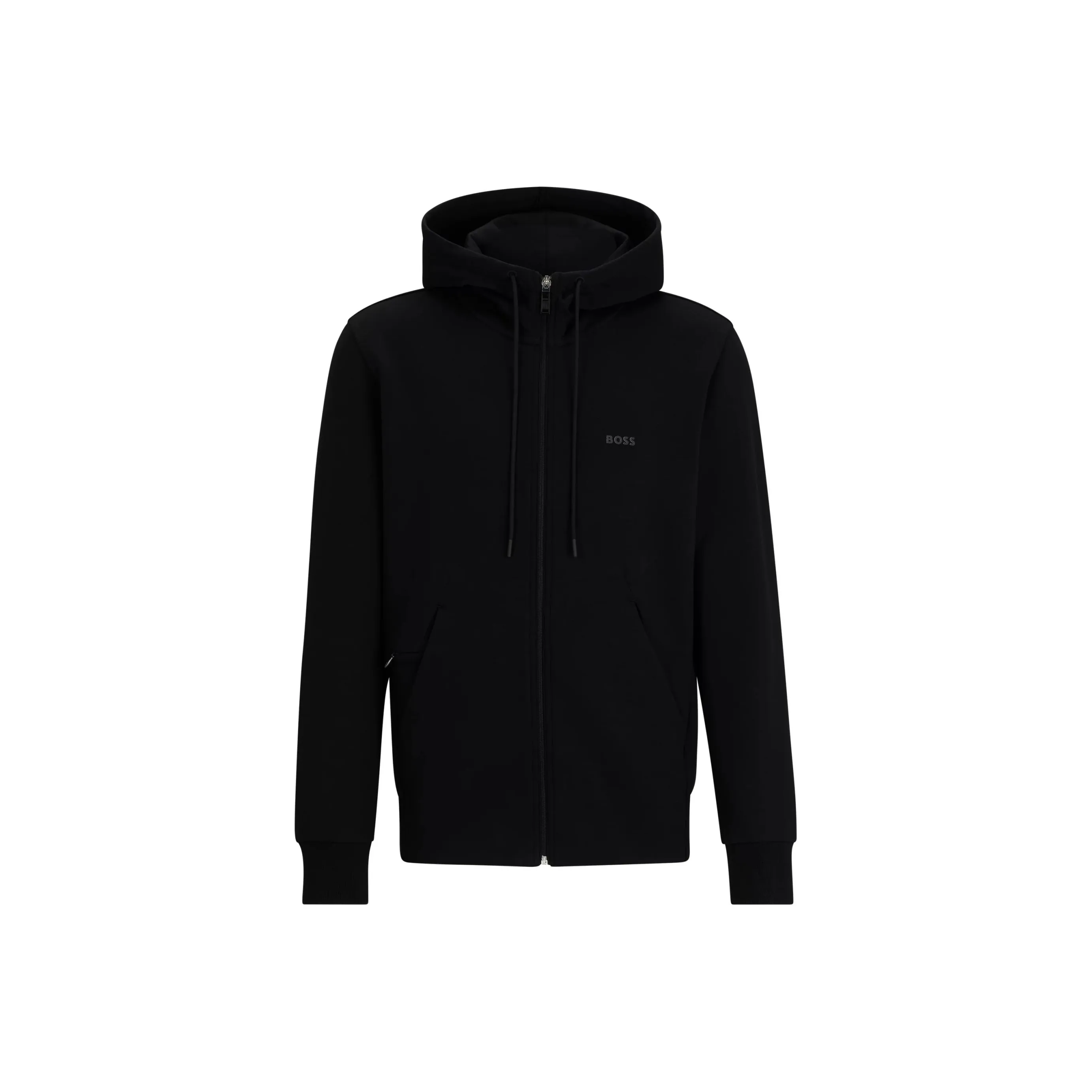 HUGO BOSS Stretch Cotton Zip Up Hoodie With Logo Print Jackets Coats Men's Black