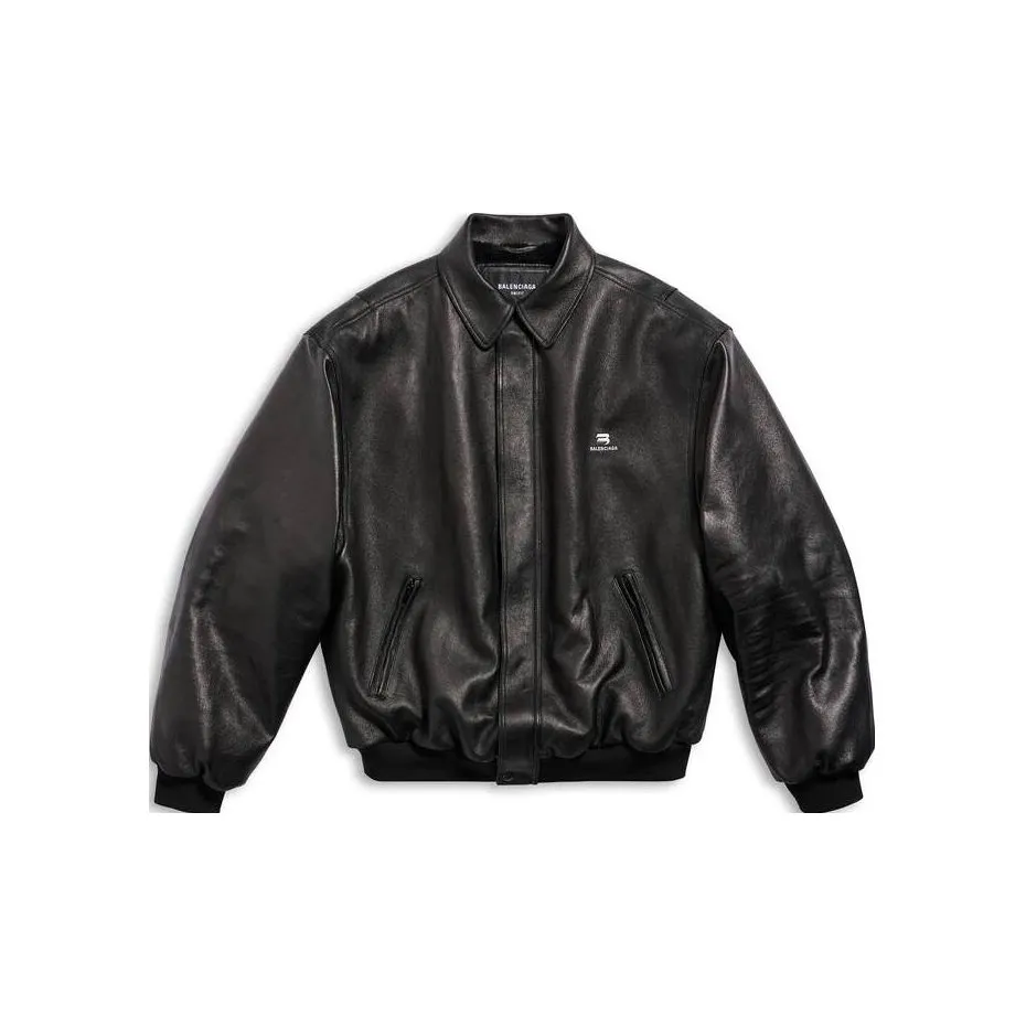 Balenciaga Sporty B Leather Jacket Loose Fit Unisex Black