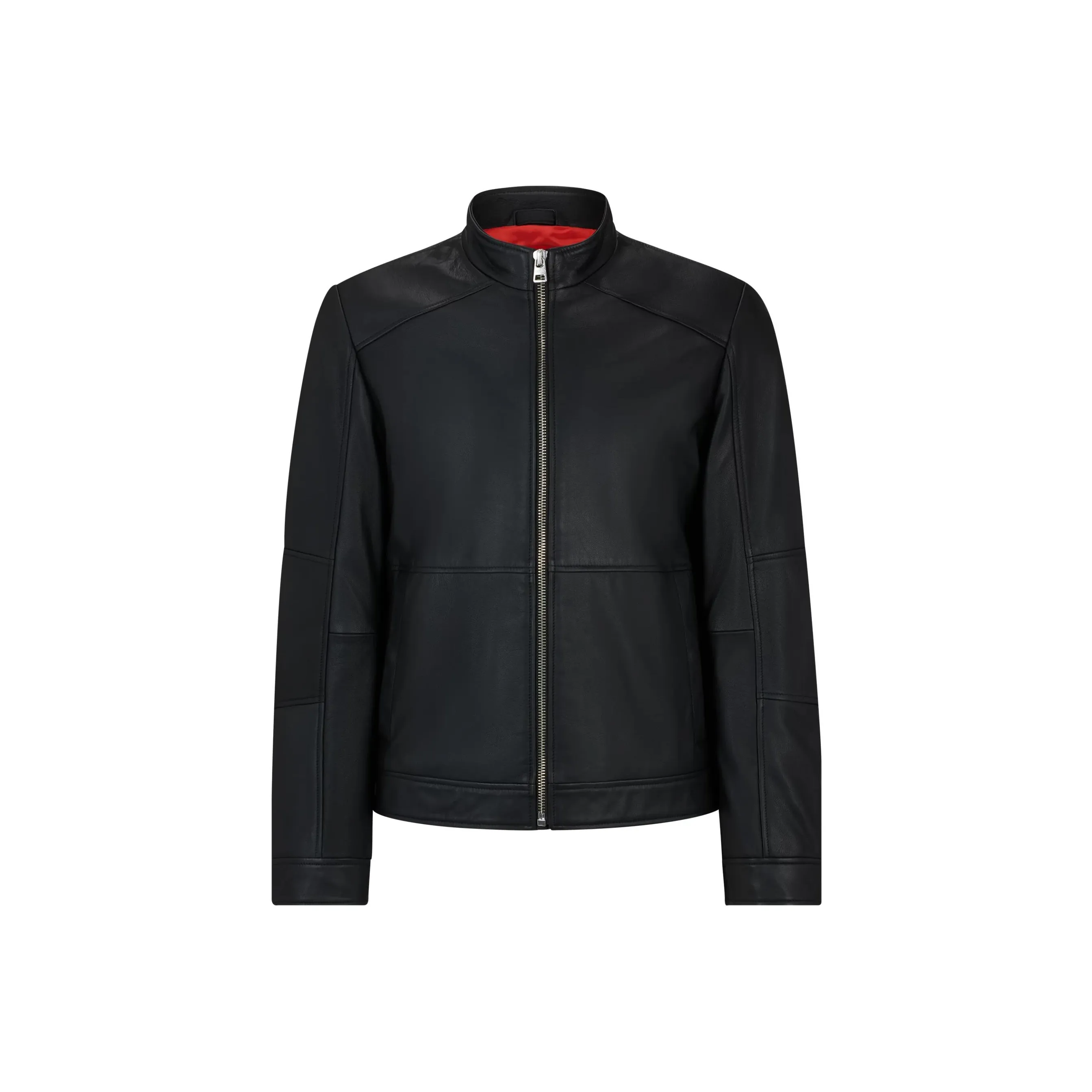 HUGO BOSS Extra Slim Fit Leather Jacket With Red Lining Leather Jacket Men's Black