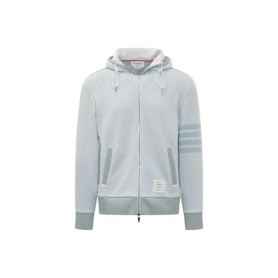 THOM BROWNE 4 Bar Striped Zip Up Drawstring Hoodie