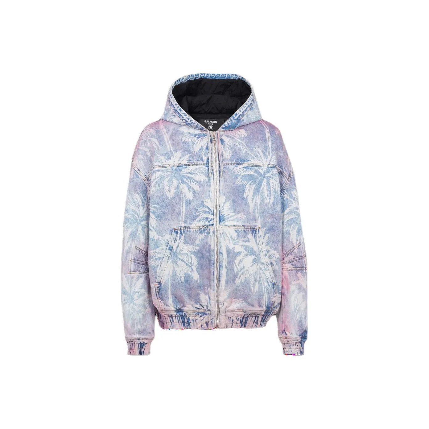 BALMAIN Palm Tree Printed Denim Hooded Bomber Jacket
