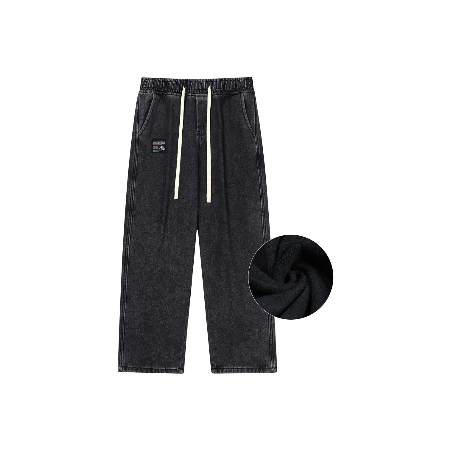 Antioffice Прямой крой Брюки Утолщенные And Флисовые Подкладочные Джинсы Зимние Мужские Черные