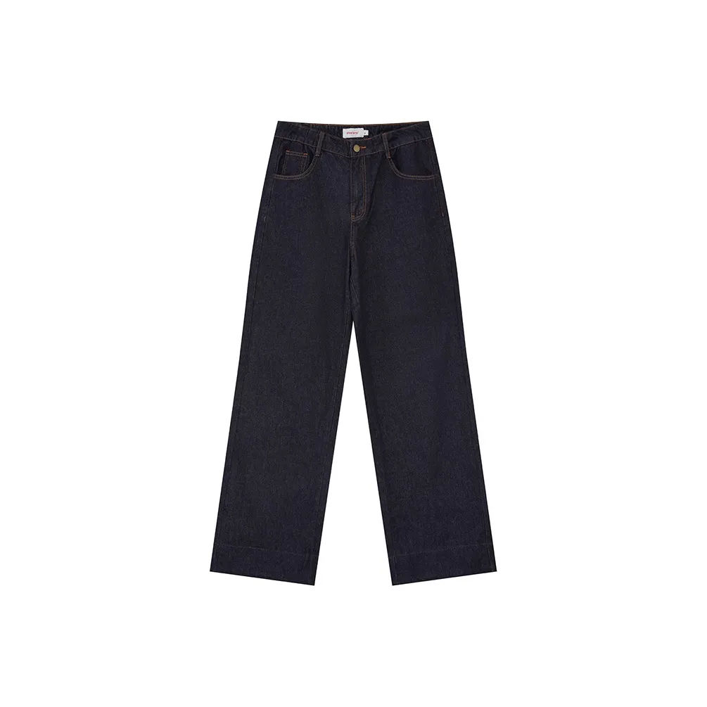 WULISHAONIAN Patchwork Rolled Cuff Jeans, Straight Fit Unisex Dark Blue