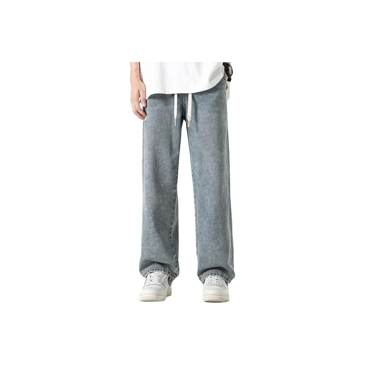 WOOD SOON Summer American Loose Fit Wide Leg Washable Casual Men's Pants Men's Denim Blue