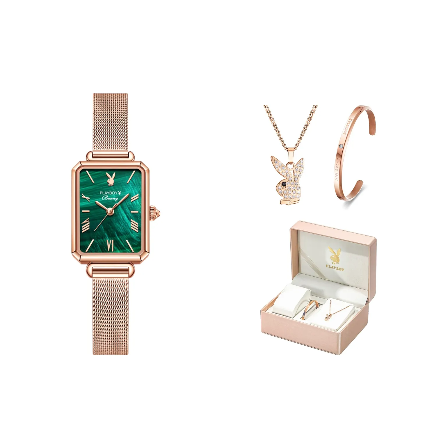 Playboy Vintage Elegance Роскошь Женские часы Кварцевый механизм Ремешок из нержавеющей стали Часы с женским циферблатом Зеленый циферблат