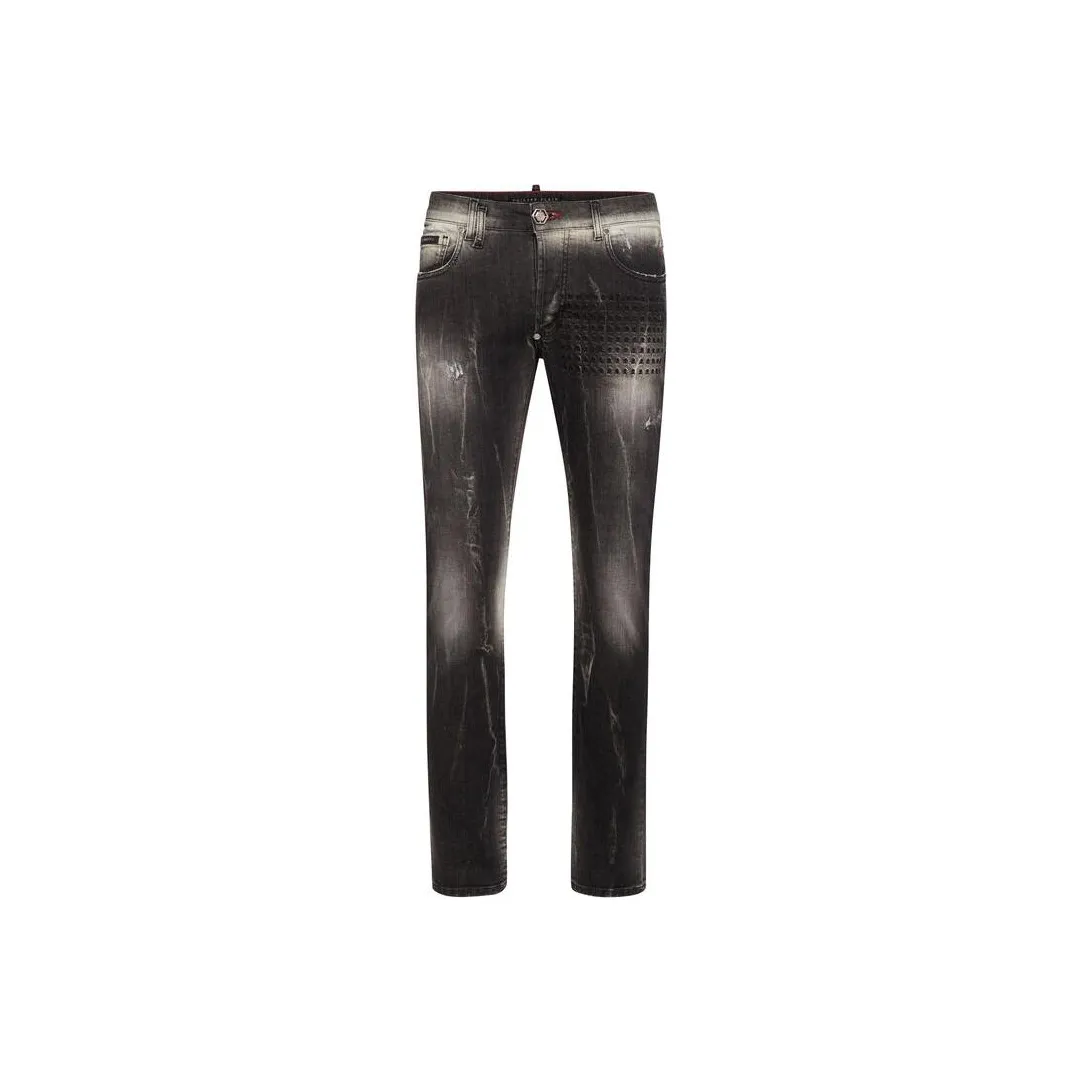 PHILIPP PLEIN Skull&Bones embroidered Faded Jeans