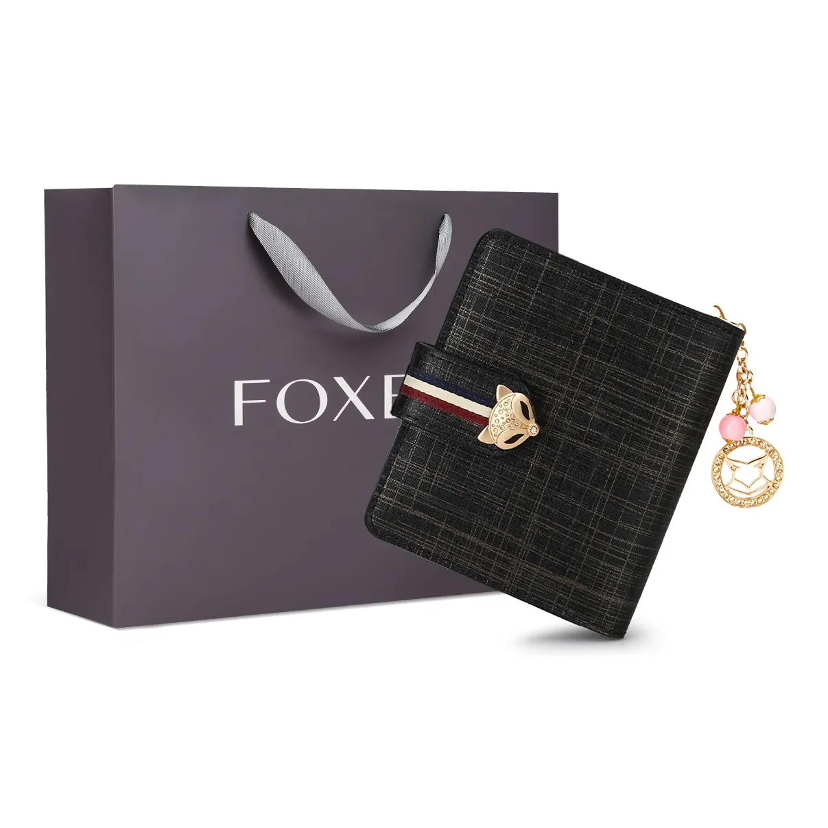 FOXER Cow Leather Clutch Card Holder Clutch Wallet Trumpets Women's Pink/Gold/Black