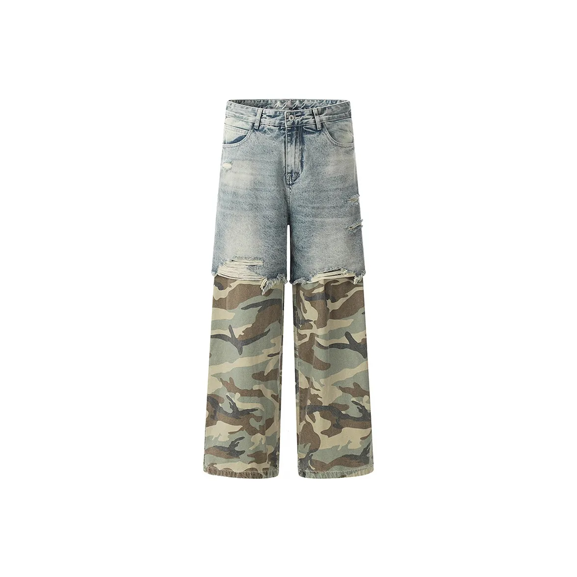 COOLALPACA Loose Fit Straight Fit Jeans Unisex Blue With Camouflage