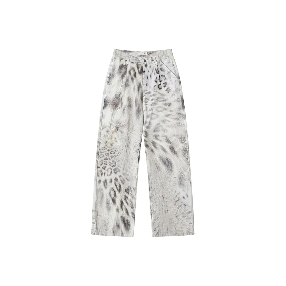 WULISHAONIAN Plush Leopard Print Digital Print Jeans Unisex White Coffee Color