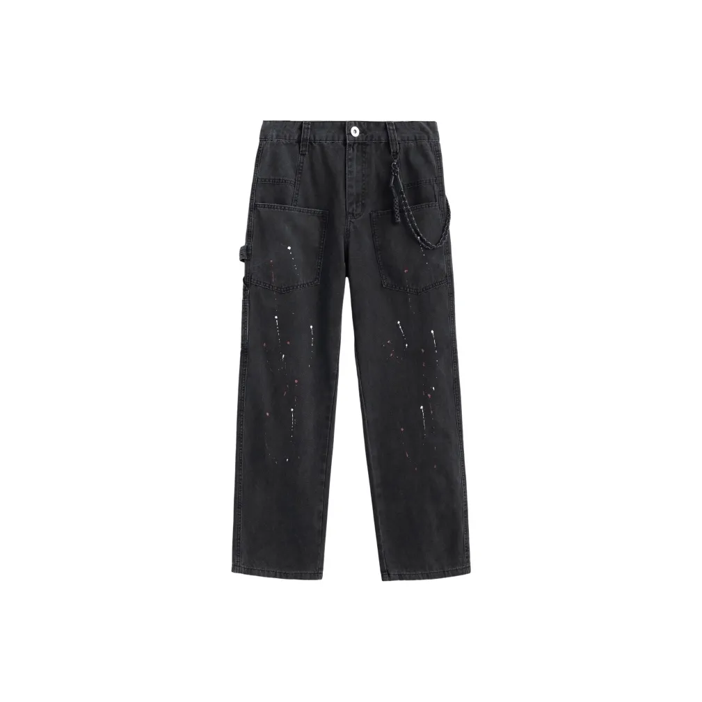 UKTK Джинсы Мужские Черные с Чернильными Брызгами Включает Обхват Талии Ремень