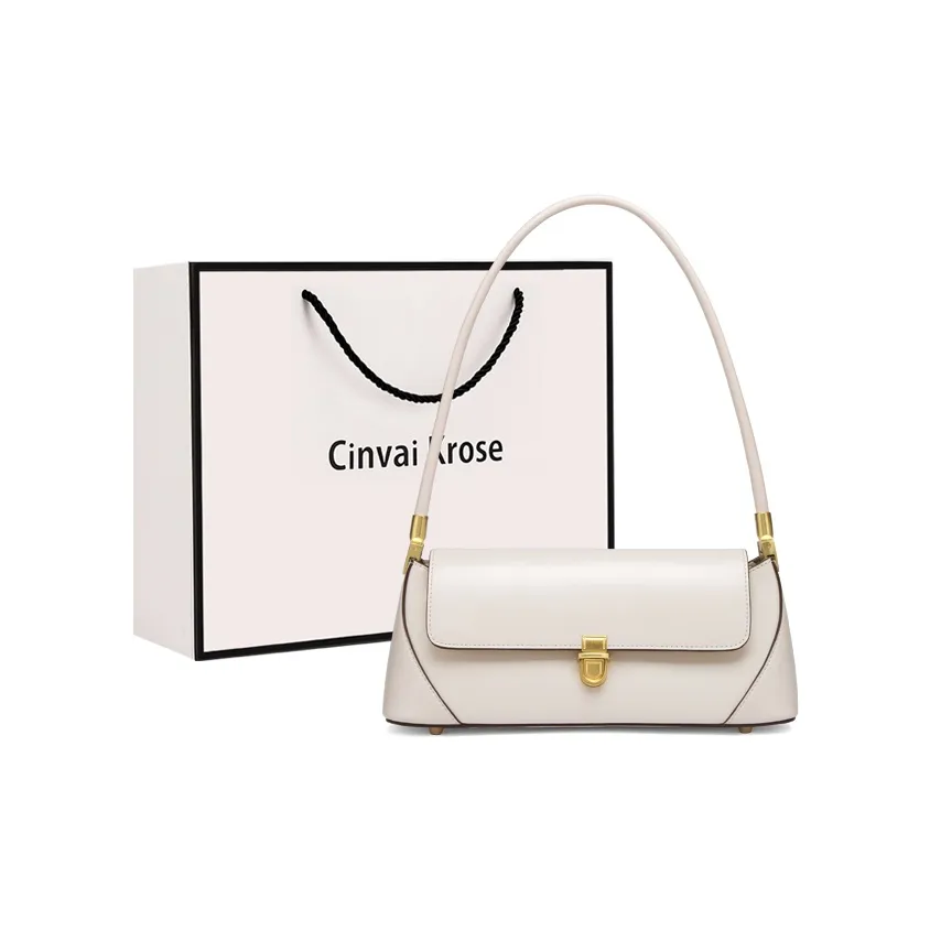 CinvaiKrose Cow Leather Shoulder Bag, Baguette Bag Small Women's Ecru/Maroon/Black